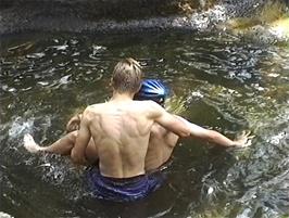 After considerable encouragement from Oliver, Ryan "helps Gavin down under the water" at Cowgill
